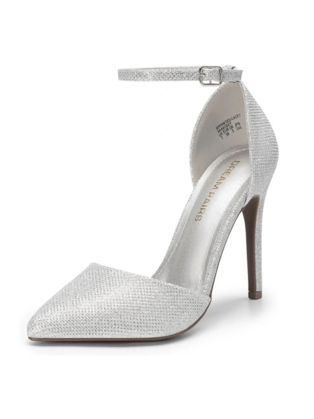 NWT Dream Pairs Silver Pumps Oppointed Lacey Pointed Toe Shoes w/Ankle Strap - 8